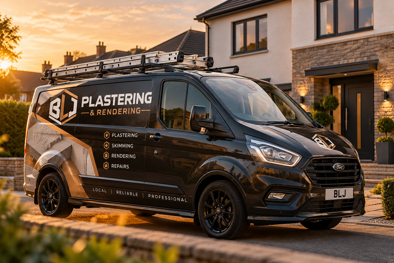 The BLJ Plastering & Rendering van parked outside a rendered family home at sunset
