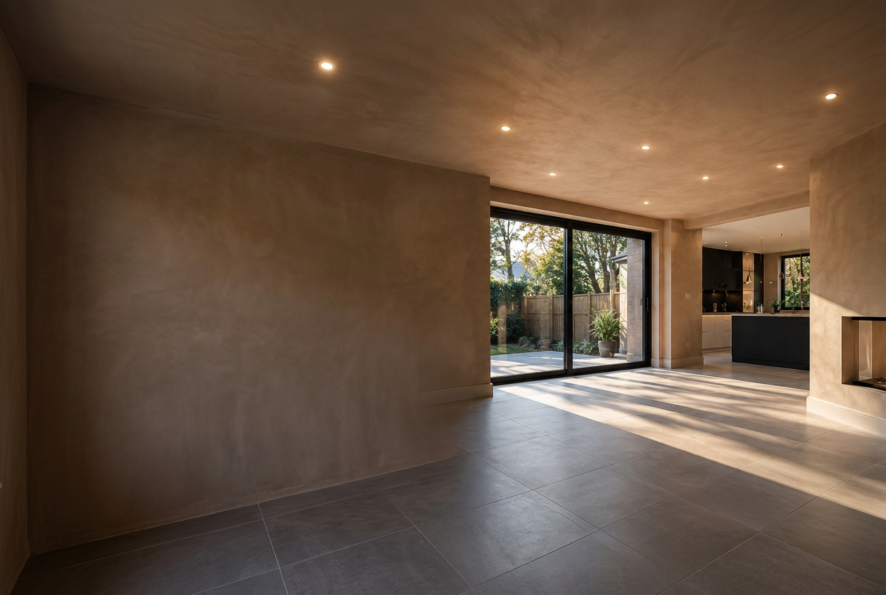 A finished open-plan living space with smooth, warm plastered walls and ceiling spotlights